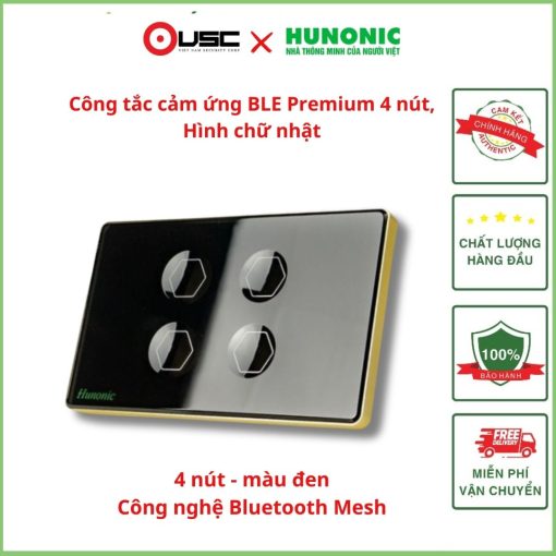 Công tắc cảm ứng BLE Premium 4 Nút, Hình Chữ Nhật, Màu Đen