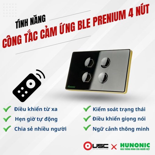Công tắc cảm ứng BLE Premium 4 Nút, Hình Chữ Nhật, Màu Đen